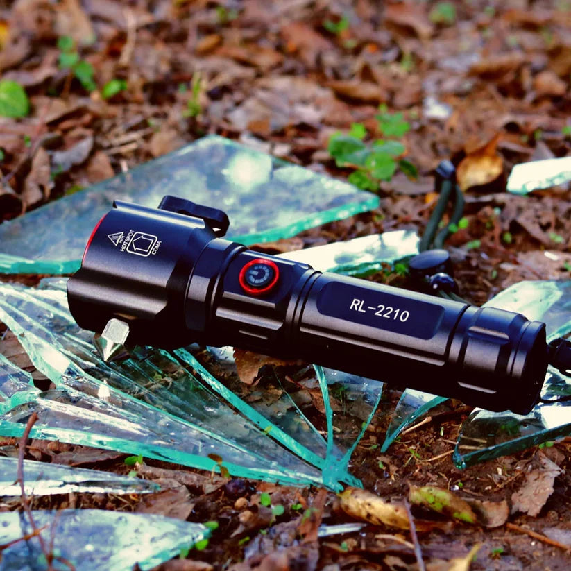 5 in 1 Tactical Survival Torch – 1km Range LED Flashlight with Safety Hammer &amp; Cutter