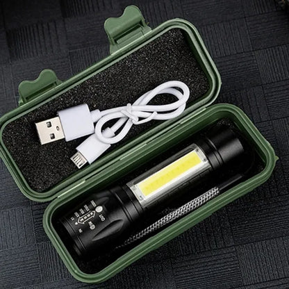 Zoomable Rechargeable LED Torch - Micro USB Charging with Cable and Case - Stainless Steel Design