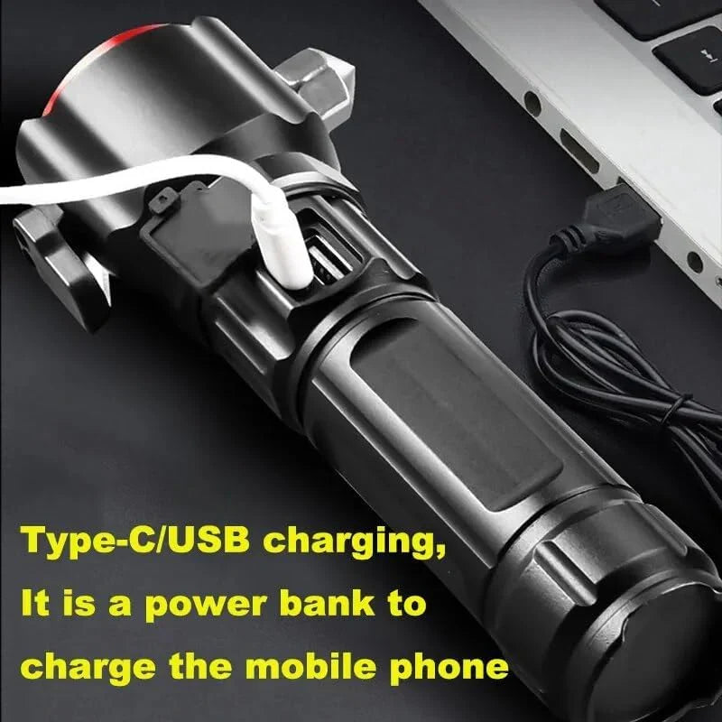 5 in 1 Tactical Survival Torch – 1km Range LED Flashlight with Safety Hammer &amp; Cutter