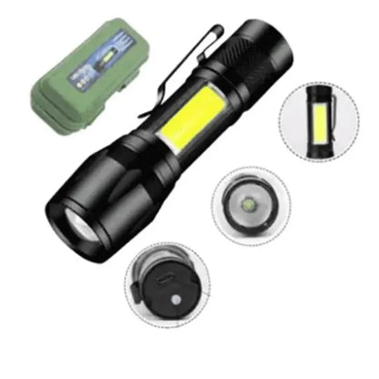 Zoomable Rechargeable LED Torch - Micro USB Charging with Cable and Case - Stainless Steel Design