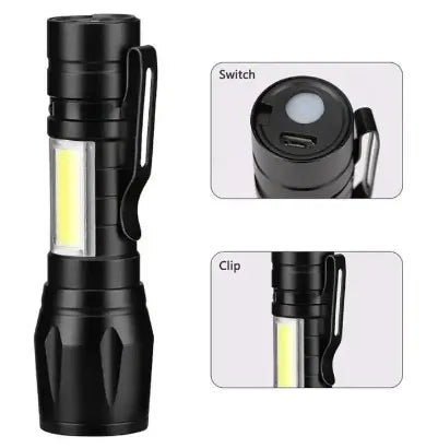 Zoomable Rechargeable LED Torch - Micro USB Charging with Cable and Case - Stainless Steel Design