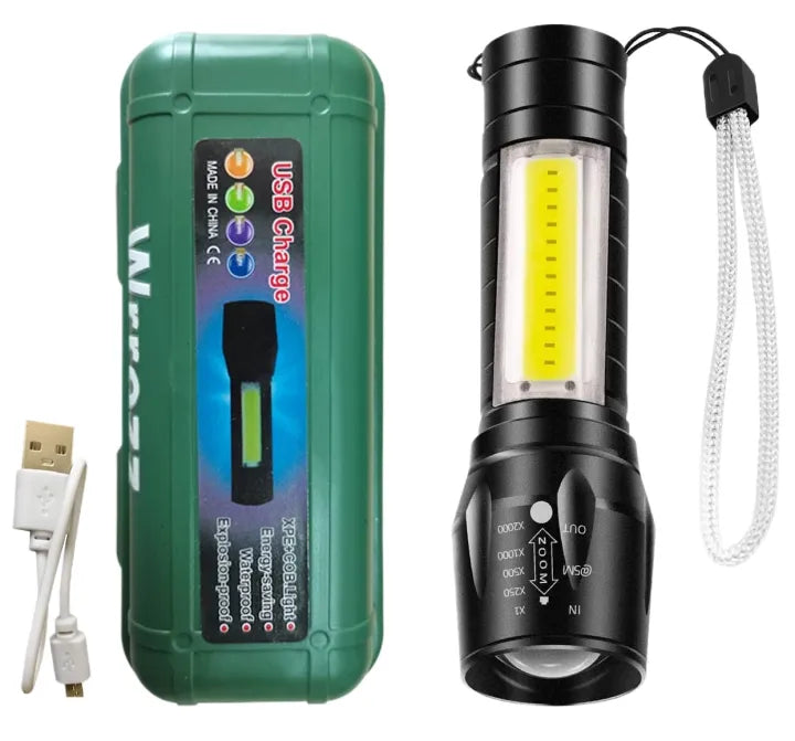 Zoomable Rechargeable LED Torch - Micro USB Charging with Cable and Case - Stainless Steel Design