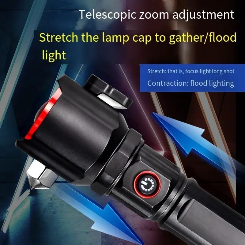 5 in 1 Tactical Survival Torch – 1km Range LED Flashlight with Safety Hammer &amp; Cutter