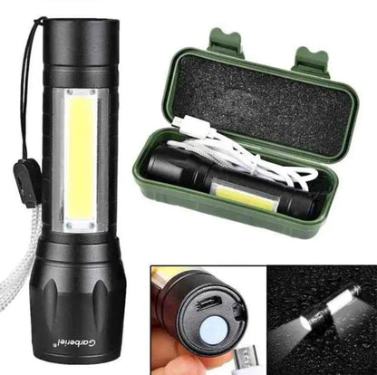 Zoomable Rechargeable LED Torch - Micro USB Charging with Cable and Case - Stainless Steel Design