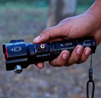 5 in 1 Tactical Survival Torch – 1km Range LED Flashlight with Safety Hammer &amp; Cutter