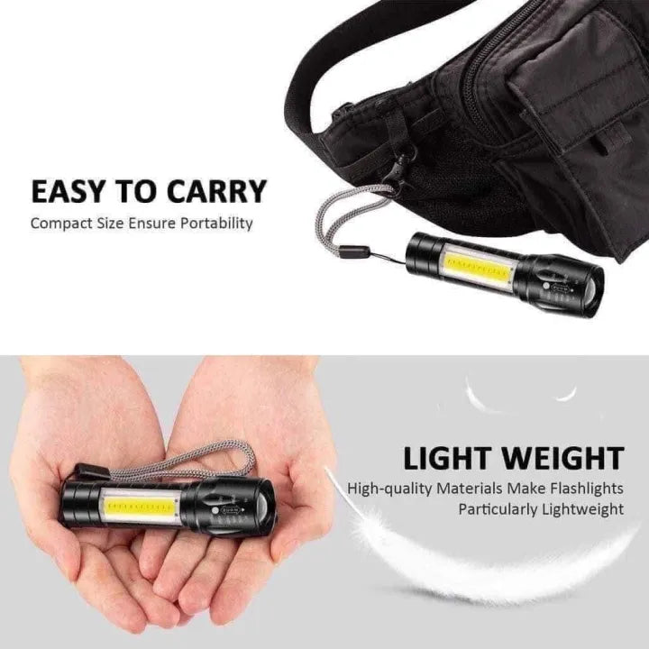 Zoomable Rechargeable LED Torch - Micro USB Charging with Cable and Case - Stainless Steel Design
