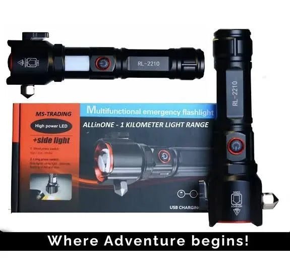 5 in 1 Tactical Survival Torch – 1km Range LED Flashlight with Safety Hammer &amp; Cutter