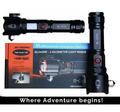5 in 1 Tactical Survival Torch – 1km Range LED Flashlight with Safety Hammer &amp; Cutter