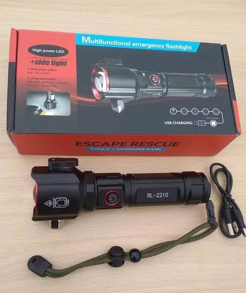 5 in 1 Tactical Survival Torch – 1km Range LED Flashlight with Safety Hammer &amp; Cutter