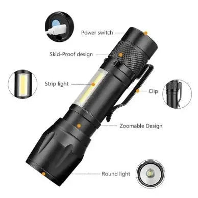 Zoomable Rechargeable LED Torch - Micro USB Charging with Cable and Case - Stainless Steel Design